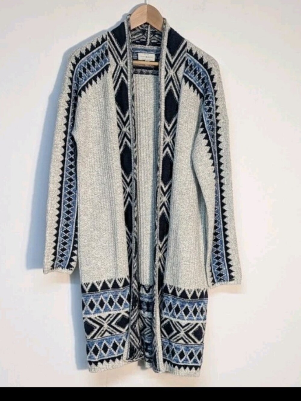 Lucky Brand Open-Front Aztec Knit Cardigan in Light Gray & Navy